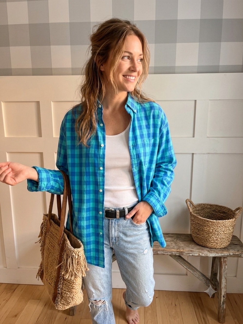 J. Crew Blue and Teal‎ Plaid Button-Down Shirt XL